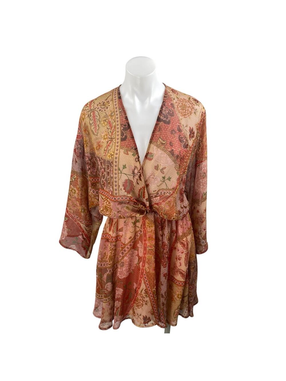 MNG Mango Coral Floral Patchwork Print Long Sleeve V Neck Mini Blouson Dress 0